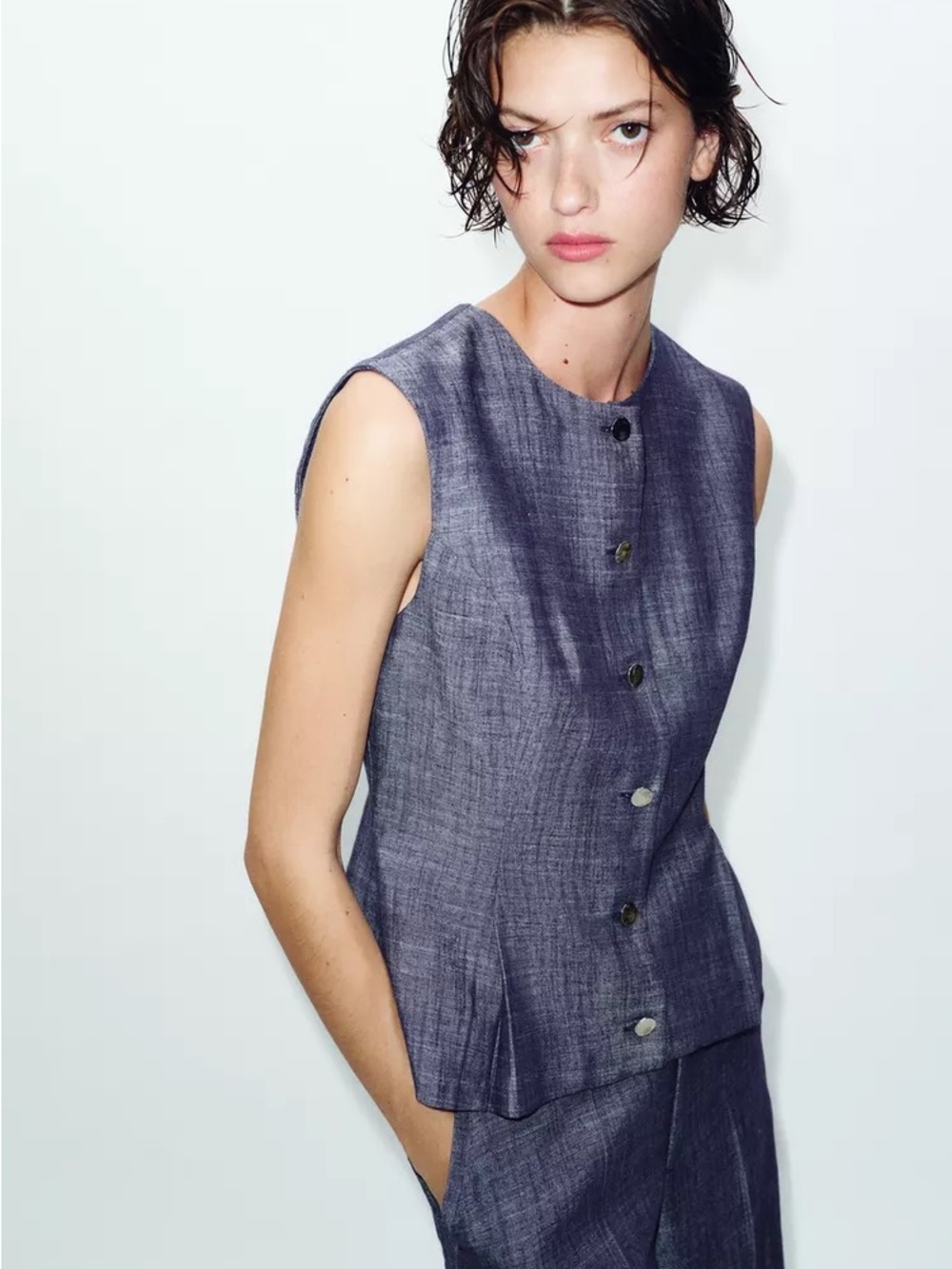Zara Sleeveless Button-Front Top and Pants Set — Slate Gray-Blue